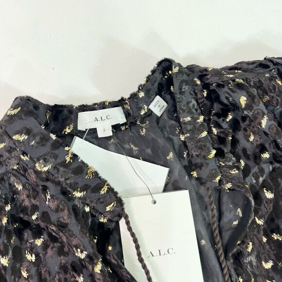 ALC Ophelia Blouse Womens 2 Brown Long Sleeve Tie Neck Velvet Metallic New - Picture 2 of 12